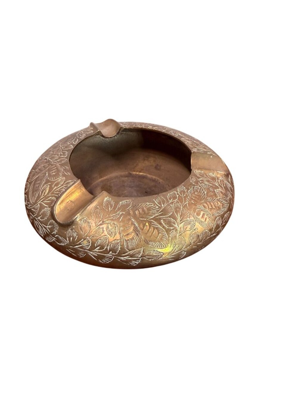 Vintage Brass Ashtray With Floral Engravings - 6" Diameter 2.5" Height Handmade